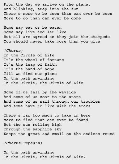 May 22, 2020 · Get ready to sing your heart out in this official sing-along version of ‘Circle of Life’ from Disney’s 1994 ‘The Lion King.’ Composed by Elton John, with lyr... 